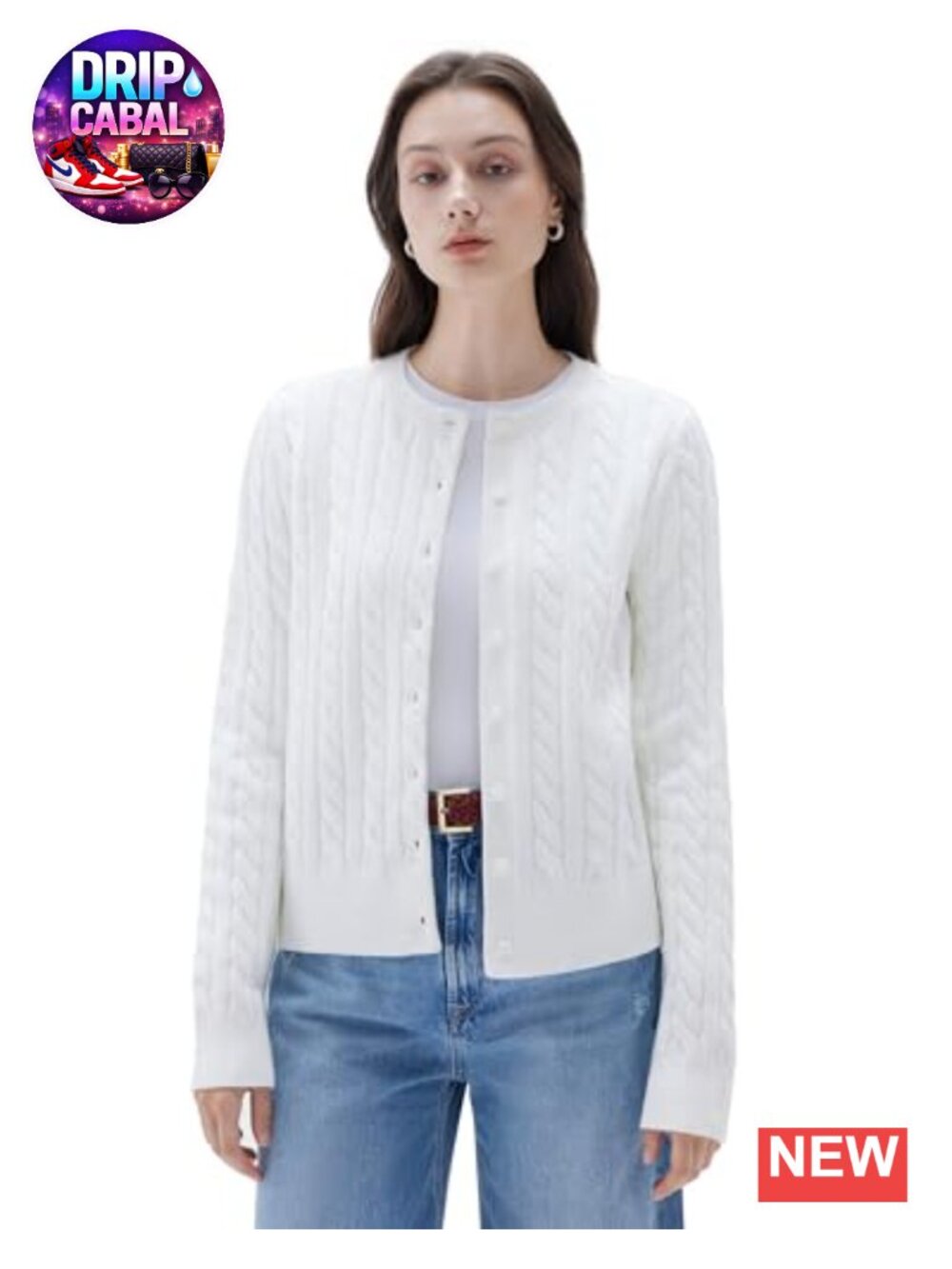 Cashmere Blend Cable Knit Crew Neck Cardigan Long Sleeve Chunky White